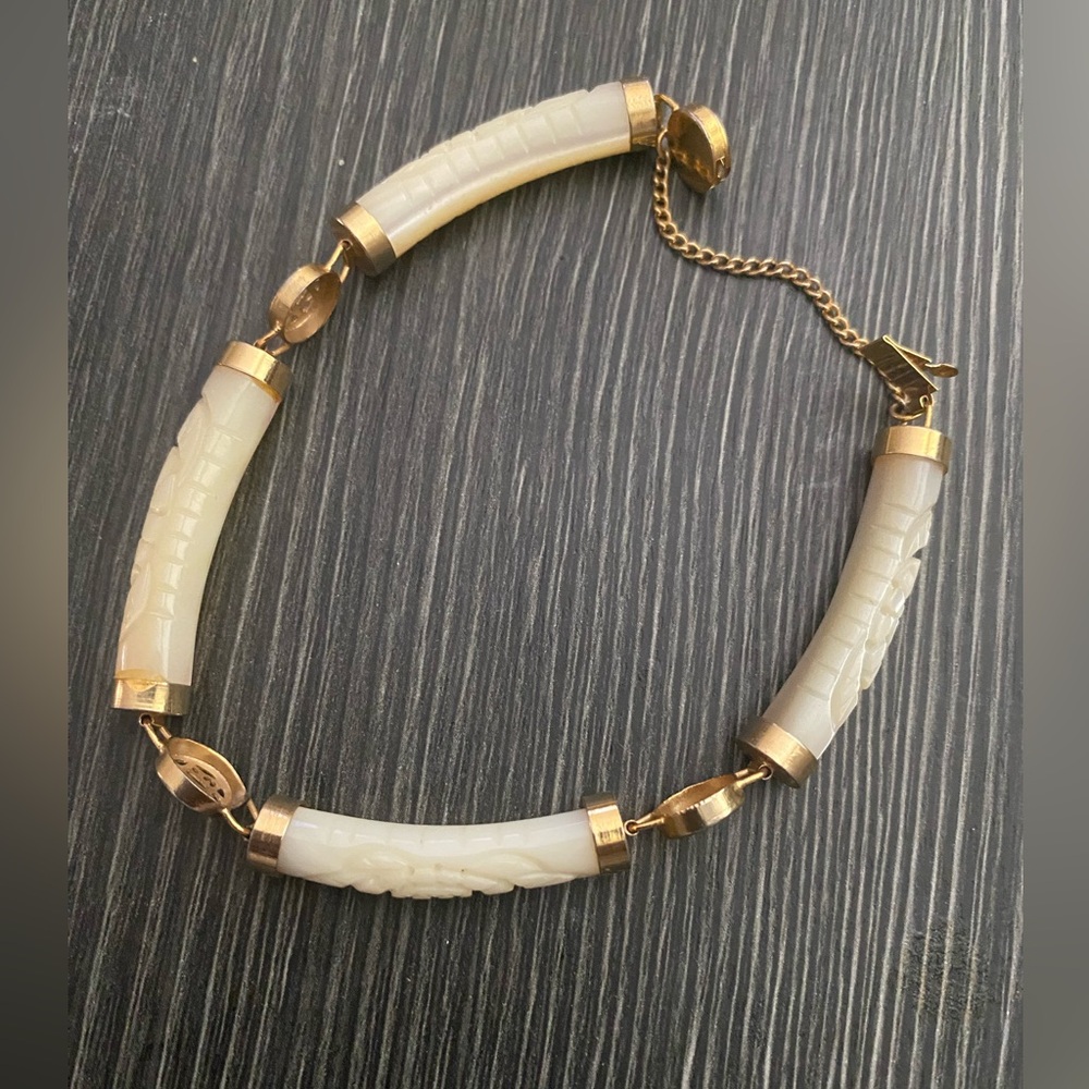 Cream and Gold Tube Link  carved mother of pearl Asian Bracelet for Women